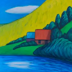 Monika Brachmann, Zwei Häuser am See mit gelbem Hang, 2013, Öl auf Leinwand