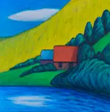 Monika Brachmann, Zwei Häuser am See mit gelbem Hang, 2013, Öl auf Leinwand