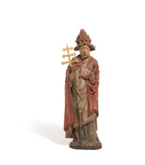 Ostfranzösische Schule, Statue des Heiligen Papstes Cornelius mit Kreuzstab und Horn, Weichholz, polychrom gefasst, rückseitig ausgehöhlt. Maße: 109cm