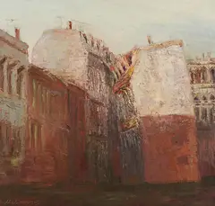 "Straße in Leipzig" by Gerald Müller-Simon, 1989, Öl auf Hartfaserplatte, sold Feb 2021