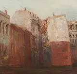 Gerald Müller-Simon, "Straße in Leipzig", 1989, Öl auf Hartfaserplatte