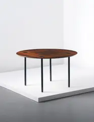 Ettore Sottsass, Dining table, circa 1959, Mahogany-veneered wood, painted tubular metal
