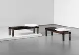 Pair of benches by Inge Rubino and Luciano Rubino, 1960s, Stained oak, painted iron, fabric, sold Sep 2013