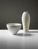 Bowl and vase by Toini Muona, circa 1940s, Bowl: Porcelain, glaze; vase: porcelain, white and pale blue glazes, offered Sep 2013