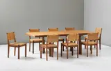 Extendable 'H Leg' dining table, circa 1956 and eight dining chairs, model no. 615 by Alvar Aalto and Aino Marsio-Aalto, circa 1939, Table: teak laminated wood, teak, painted metal; chairs: teak, cane, sold Sep 2013