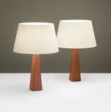 Lisa Johansson-Pape, Pair of table lamps, 1960s, Leather-covered wood, acrylic, brass, fabric shades