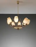 Paavo Tynell, Eight-armed chandelier, model no. 9029/8, from the 'Concerto' series, circa 1948, Tubular brass, brass, amber glass