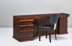 Axel Einar Hjorth, Desk and chair, circa 1933, Desk: macassar-veneered wood; chair: macassar-veneered wood, leather, nickel-plated metal