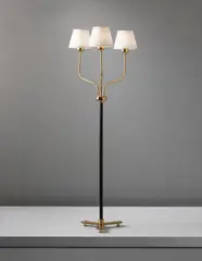 Three-armed standard lamp by Josef Frank, 1950s, Brass, leather-wrapped tubular metal, fabric shades, sold Sep 2013