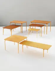 Group of seven tables by Bruno Mathsson, 1960s-1970s, Birch laminated plywood, burr birch laminated plywood, sold Sep 2013