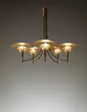 Poul Henningsen, 'Anchor' five-armed chandelier, 3/2 type shades, 1929-1936, Amber glass, patinated tubular brass, patinated brass
