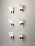Kaj Gottlob, Set of six wall lights, circa 1953, Opaque glass, brass
