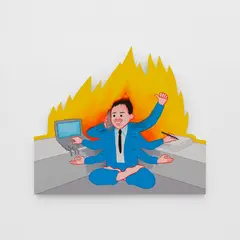 Joan Cornellà, Yogawerk, 2020, acrylic on wooden panel