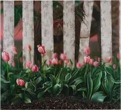 Trey Abdella, Next Door, Neighbours, 2021, acrylic, tire rubber, plastic bugs, hot glue and rocks on linen