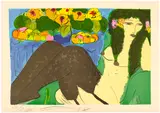 Walasse Ting, Lady with flowers, 1988, lithograph