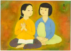 Mai Trung Thu, Deux fillettes, 1978, ink and gouache on silk, in artist's frame