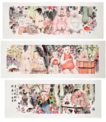 Li Jin, Garden, 2005, ink and colour on paper, in 3 parts