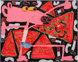 Katherine Bernhardt, Sottsass Bacterium Pizza Party, 2022, acrylic and spray paint on canvas