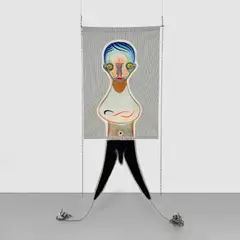 Izumi Katō, Untitled, 2018, fabric, pastel, acrylic, embroidery, leather, lithograph, stone, chain, aluminum bar, iron