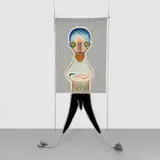 Izumi Katō, Untitled, 2018, fabric, pastel, acrylic, embroidery, leather, lithograph, stone, chain, aluminum bar, iron