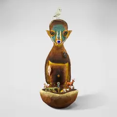 Izumi Katō, Untitled, 2022, wood, plastic model, soft vinyl, stone, thread, acrylic paint, stainless steel