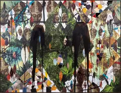 Rashid Johnson, Untitled Escape Collage, 2017, ceramic tile, mirror tile, branded red oak flooring, vinyl, spray enamel, oil stick, black soap, wax