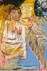 Daniel Crews-Chubb, Look at us now, 2015, oil, spray paint, pastel, charcoal, sand and collage on canvas