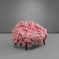 KAWS CHAIR PINK by Kaws and Estudio Campana, 2018, plush toys, stainless steel, Cumaru wood, sold May 2025