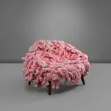 KAWS CHAIR PINK by Kaws and Estudio Campana, 2018, plush toys, stainless steel, Cumaru wood, sold May 2025