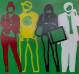 Julian Opie, Red Yellow Black White from Standing People, 2019, lenticular acrylic panel mounted onto white acrylic