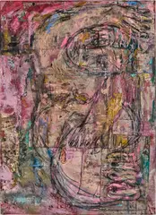 Daniel Crews-Chubb, Venus (magenta, pink and green), 2022, oil, oil stick, acrylic, ink, charcoal, spray paint, sand, coarse pumice gel and collaged fabrics on canvas
