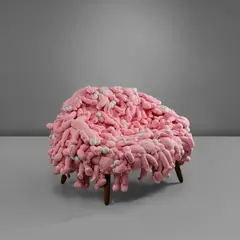 KAWS CHAIR PINK by Kaws and Estudio Campana, 2018, plush toys, stainless steel, Cumaru wood, sold Mar 2025