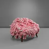 KAWS CHAIR PINK by Kaws and Estudio Campana, 2018, plush toys, stainless steel, Cumaru wood, sold Mar 2025