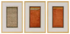 Naveed Sadiq, Three works: (i) Ibadat Khana I; (ii) Ibadat Khana IV; (iii) Ibadat Khana V, 2023, tea stain, natural pigment and shell gold on Indian Wasli paper