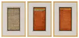 Naveed Sadiq, Three works: (i) Ibadat Khana I; (ii) Ibadat Khana IV; (iii) Ibadat Khana V, 2023, tea stain, natural pigment and shell gold on Indian Wasli paper