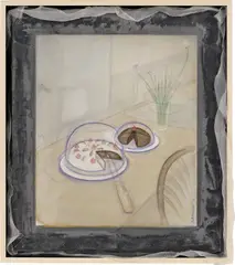 Transparency for Me is Knowing Emma, My Emma, Made a Special Cake for Me Without Any Frosting Even if No One Sees It (Fishers Island Chronicle) by Joeun Kim Aatchim, 2021, crushed stone, sea shell, mineral pigment, mica, and refned pine soot ink on silk in artist's frame, sold Mar 2025