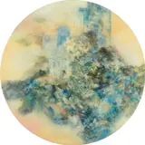 Fatina Kong, The setting sun shapes my memory, 2021, ink, Chinese pigments, acrylic, resin on silk mounted on acrylic board