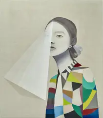 Matthias Bitzer, Nona (les Parques), 2021, acrylic, ink and pins on canvas, in artist's frame