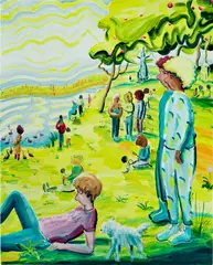 Hilary L. Doyle, Hypothetical Sculpture Park I A sunday on the island (after Seurat. Ode to Judy Chicago and the Minoan Snake Goddess figurines), 2022, acrylic on canvas