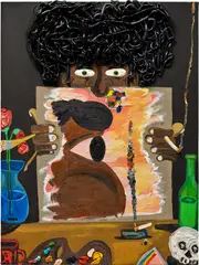 studio visit, lemme see ya face / self portrait #1 by Devin Troy Strother, 2021, oil, acrylic, latex caulking on linen mounted on panel, sold Apr 2025