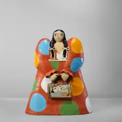 Maryam Yousif, Fashion Show Model in Paprika Dress W/ Large Cosmic Handbag, 2021, glazed stoneware