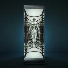 Hajime Sorayama, Untitled_Sexy Robot type II floating, 2022, UV curable resin plexiglass, silver plating, light emitting diode, stainless steel, steel