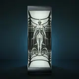 Hajime Sorayama, Untitled_Sexy Robot type II floating, 2022, UV curable resin plexiglass, silver plating, light emitting diode, stainless steel, steel