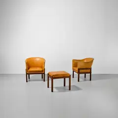 Pair of easy chairs and ottoman by Mogens Koch, 1936, Brazilian rosewood, leather, sold Dec 2025
