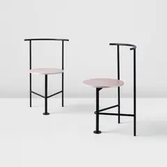 Shiro Kuramata, Pair of 'Three-legged B' chairs, model no. R108, 1987, Painted steel, oak-veneered plywood