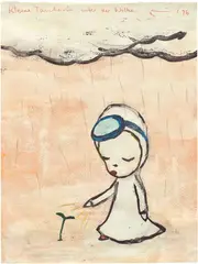 Yoshitomo Nara, Kleine Taucherin auf der Wolke, 1996, acrylic and coloured pencil on paper