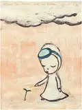 Kleine Taucherin auf der Wolke by Yoshitomo Nara, 1996, acrylic and coloured pencil on paper, sold Sep 2025