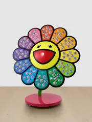 Takashi Murakami, Jellyfish Eyes × e-ma Flower Stand Happy Rainbow, fabricated plastic flower and 100 candy cases on a painted metal stand with 5 wheels