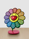 Takashi Murakami, Jellyfish Eyes × e-ma Flower Stand Happy Rainbow, fabricated plastic flower and 100 candy cases on a painted metal stand with 5 wheels