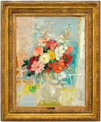 Les dahlias by Le Pho, 1968, oil on silk, sold Sep 2025